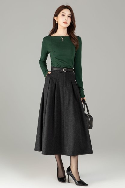 High Waisted Wool Midi Skirt with Pockets - A Line Winter Skirt, Custom 6503