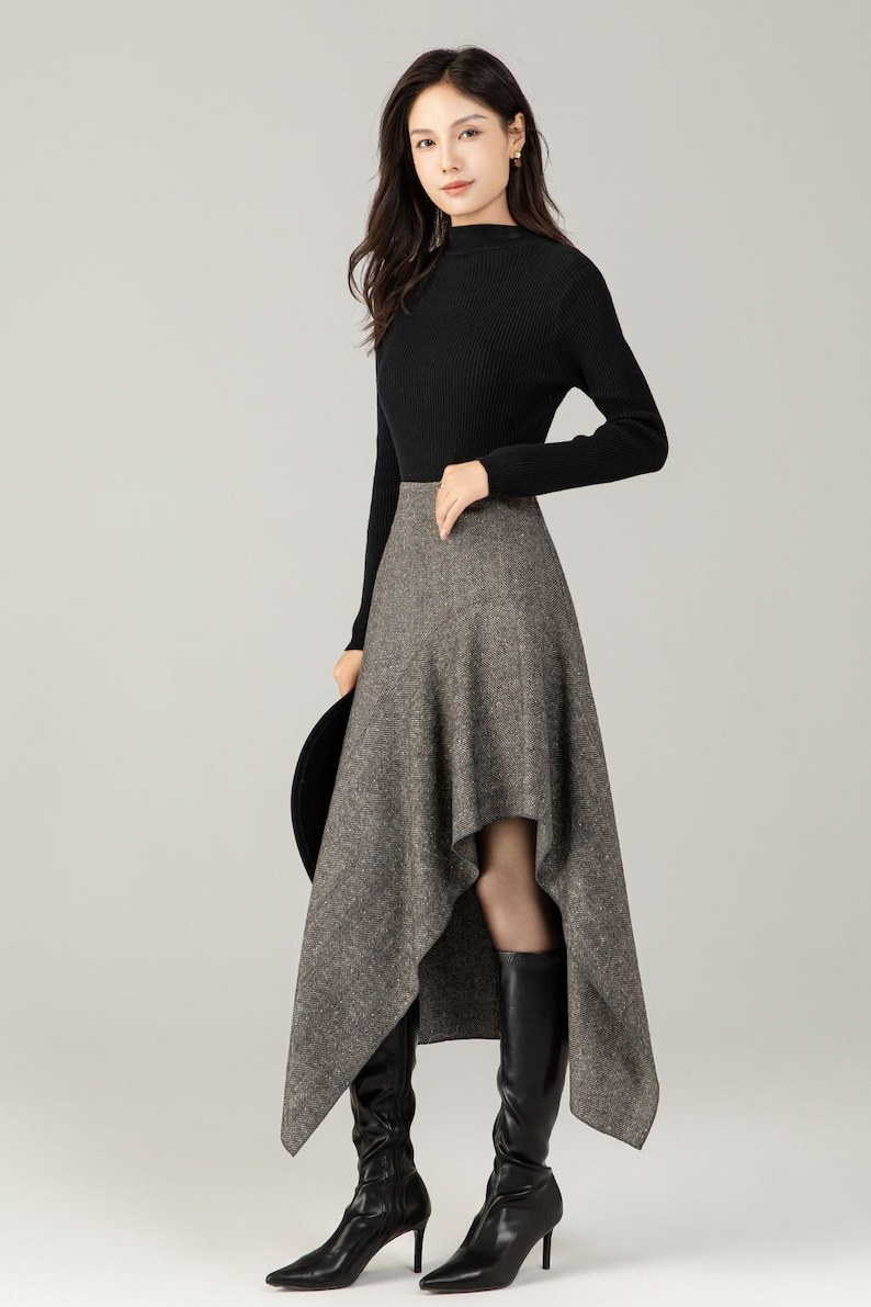 Herringbone Wool Blend Midi Skirt – Irregular A-Line Winter Skirt for Women, Ylistyle C5250