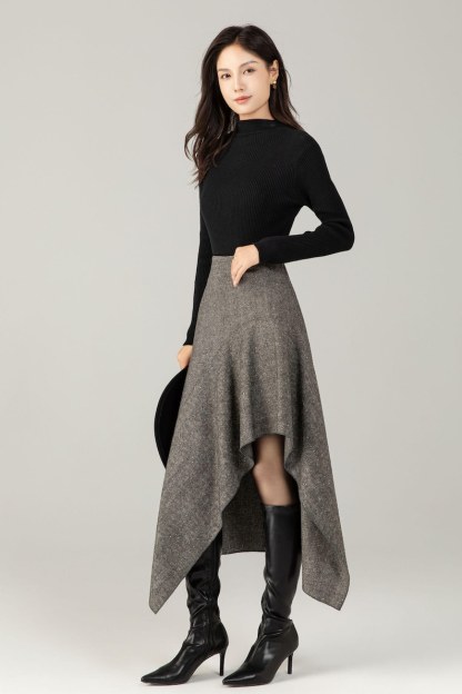 Herringbone Wool Blend Midi Skirt – Irregular A-Line Winter Skirt for Women, Ylistyle C5250