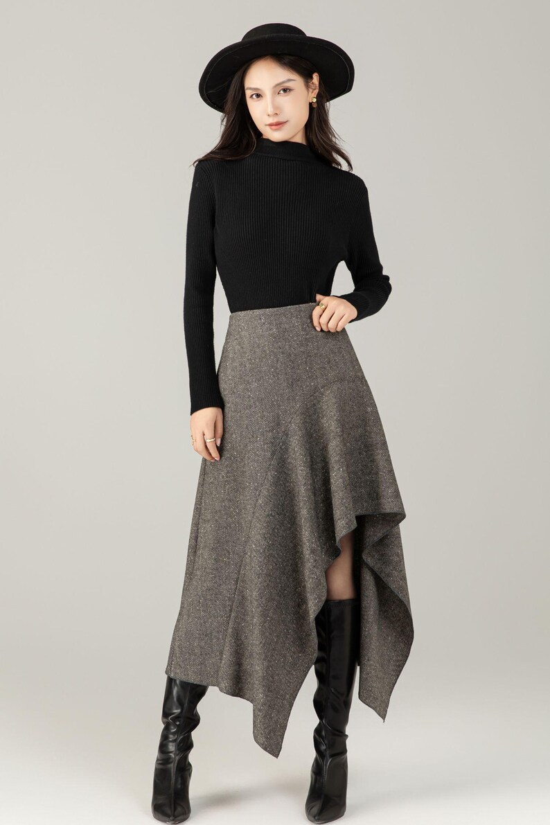 Herringbone Wool Blend Midi Skirt – Irregular A-Line Winter Skirt for Women, Ylistyle C5250