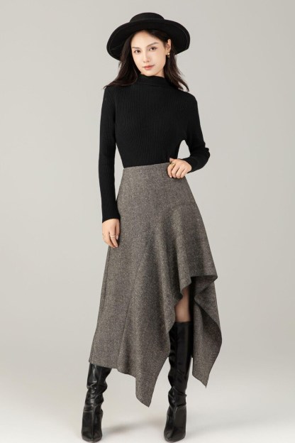 Herringbone Wool Blend Midi Skirt – Irregular A-Line Winter Skirt for Women, Ylistyle C5250