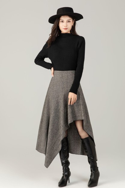 Herringbone Wool Blend Midi Skirt – Irregular A-Line Winter Skirt for Women, Ylistyle C5250