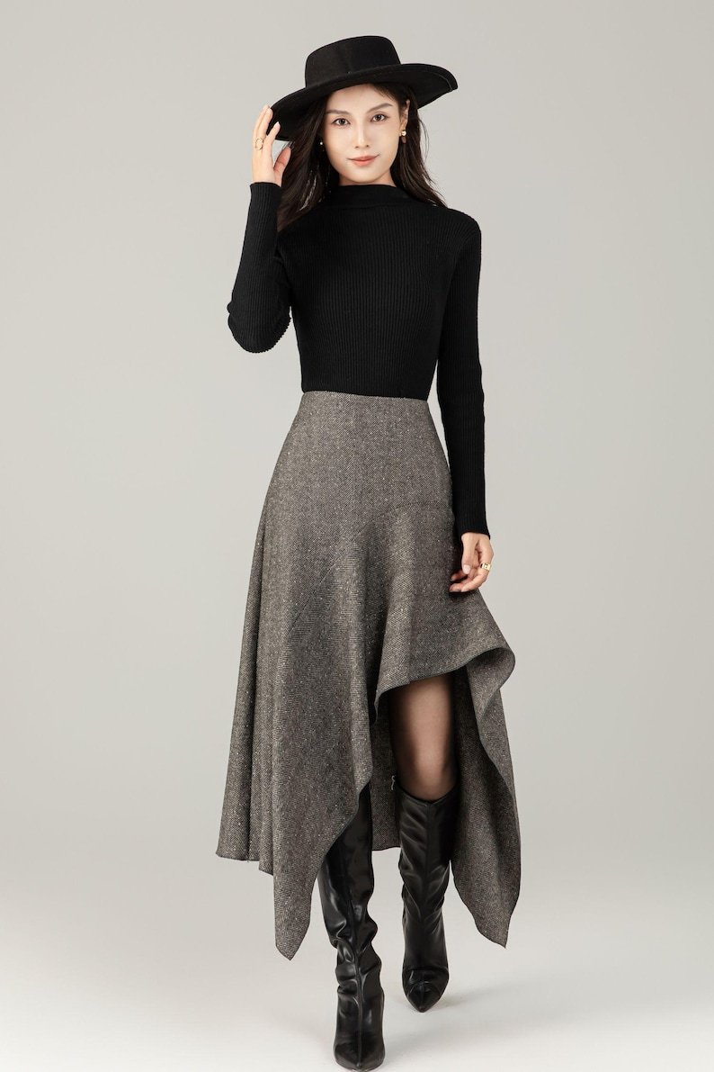 Herringbone Wool Blend Midi Skirt – Irregular A-Line Winter Skirt for Women, Ylistyle C5250