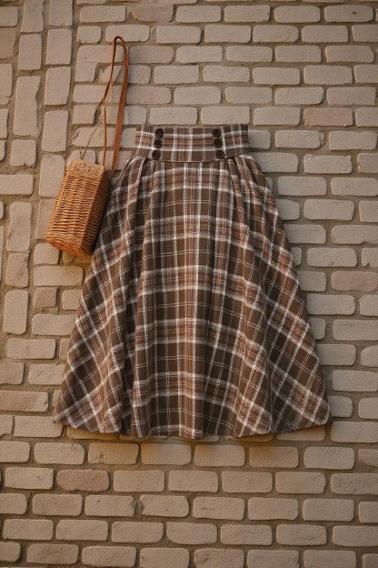 Handmade Plaid Midi Skirt: High Waisted Button Waist Cottagecore Skirt