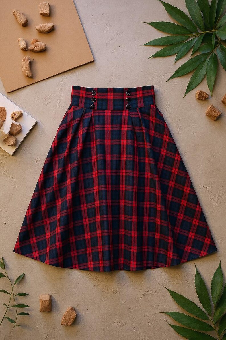 Handmade Plaid Midi Skirt: High Waisted Button Waist Cottagecore Skirt