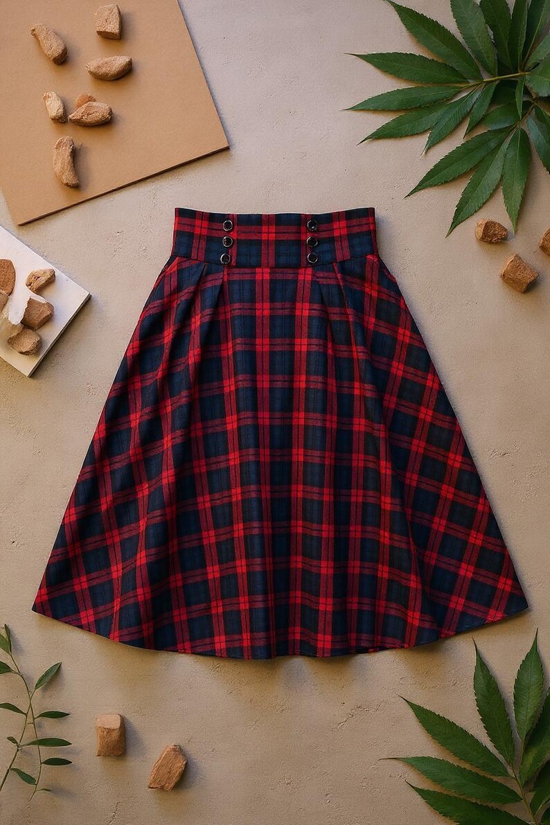 Handmade Plaid Midi Skirt: High Waisted Button Waist Cottagecore Skirt