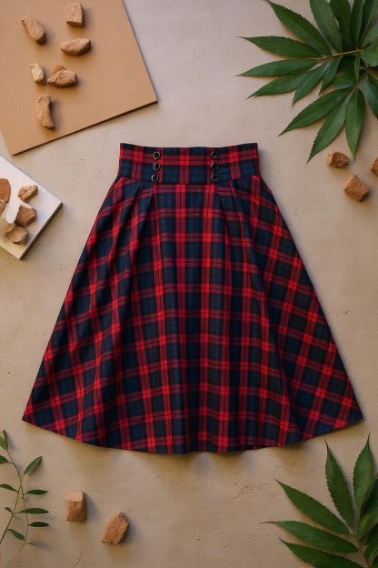 Handmade Plaid Midi Skirt: High Waisted Button Waist Cottagecore Skirt