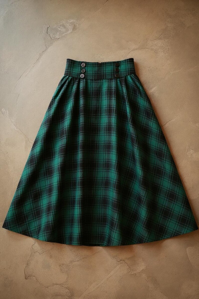 Handmade Plaid Midi Skirt: High Waisted Button Waist Cottagecore Skirt