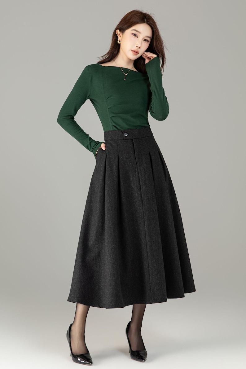 High Waisted Wool Midi Skirt with Pockets - A Line Winter Skirt, Custom 6503