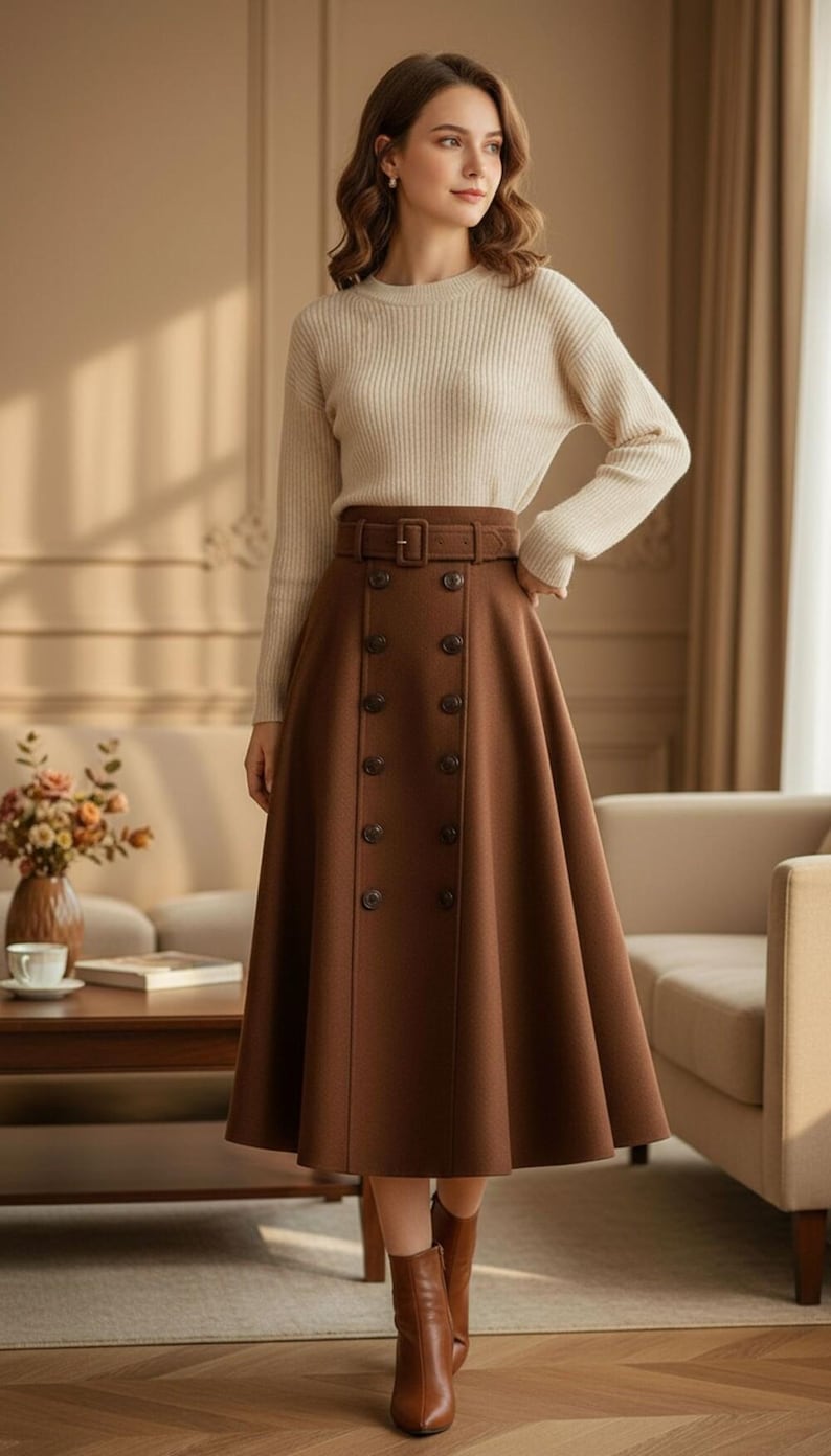 Wool A-Line Midi Skirt for Women, Elegant Belted Winter Skirt with Buttons, Classic Wool Outfit