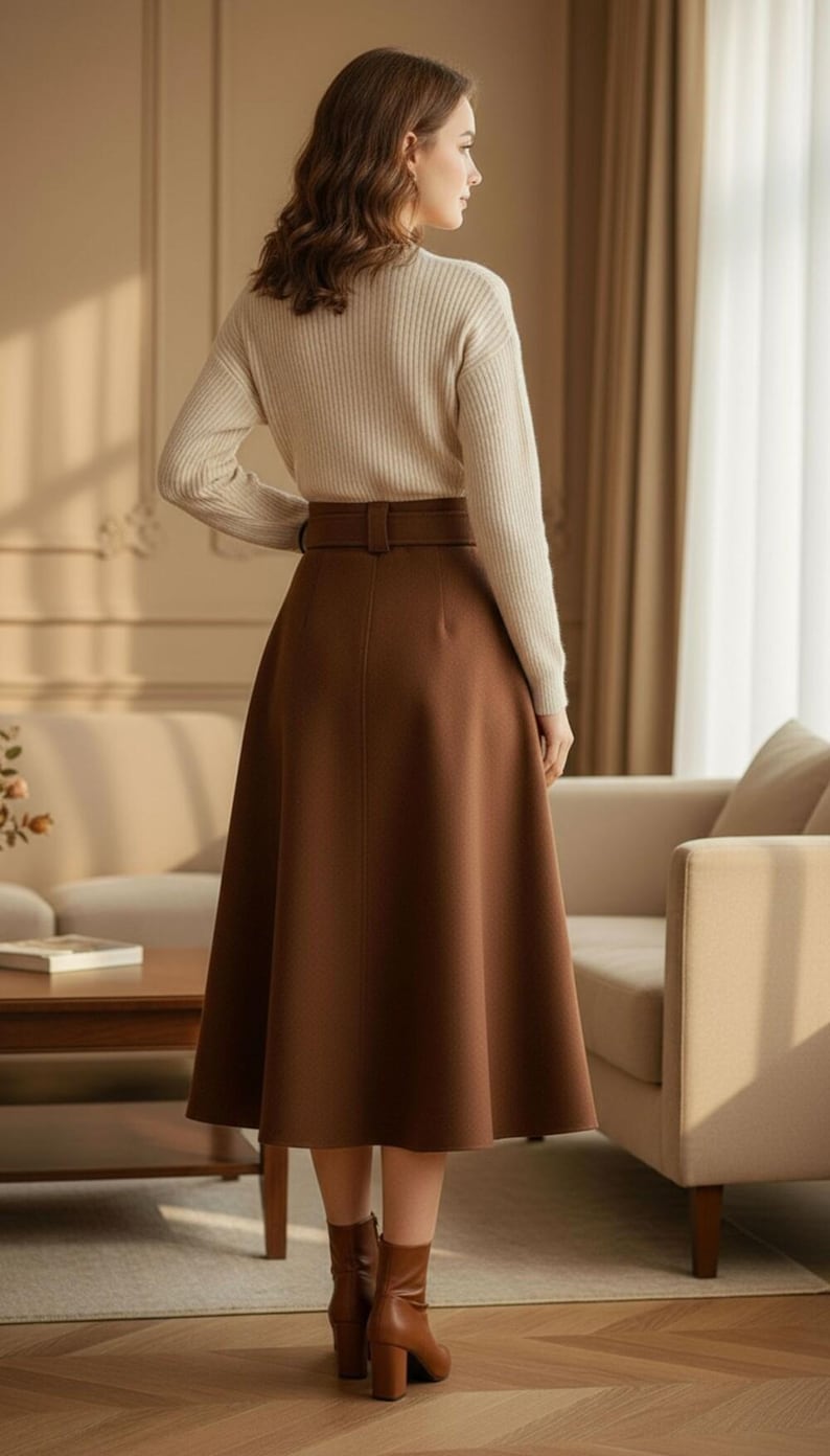 Wool A-Line Midi Skirt for Women, Elegant Belted Winter Skirt with Buttons, Classic Wool Outfit