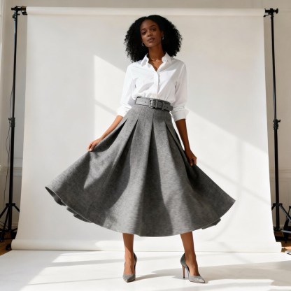 Gray Wool Blend Pleated Full Skirt, Elegant Winter A-Line Midi Skirt For Women, High Waist Classic Style