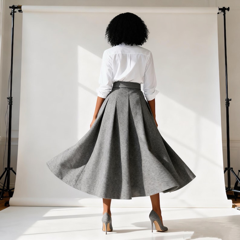 Gray Wool Blend Pleated Full Skirt, Elegant Winter A-Line Midi Skirt For Women, High Waist Classic Style