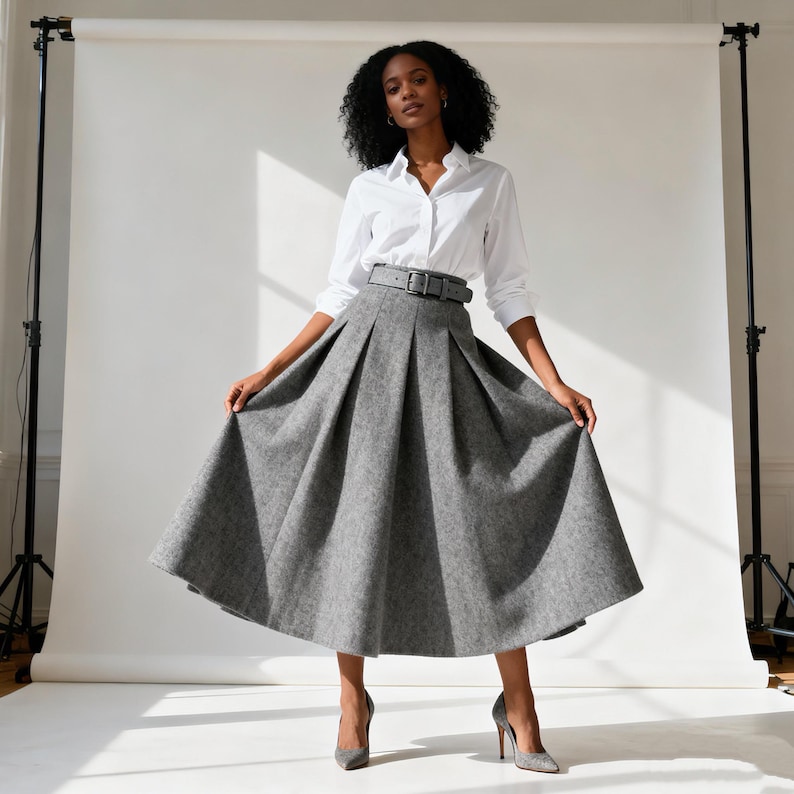 Gray Wool Blend Pleated Full Skirt, Elegant Winter A-Line Midi Skirt For Women, High Waist Classic Style