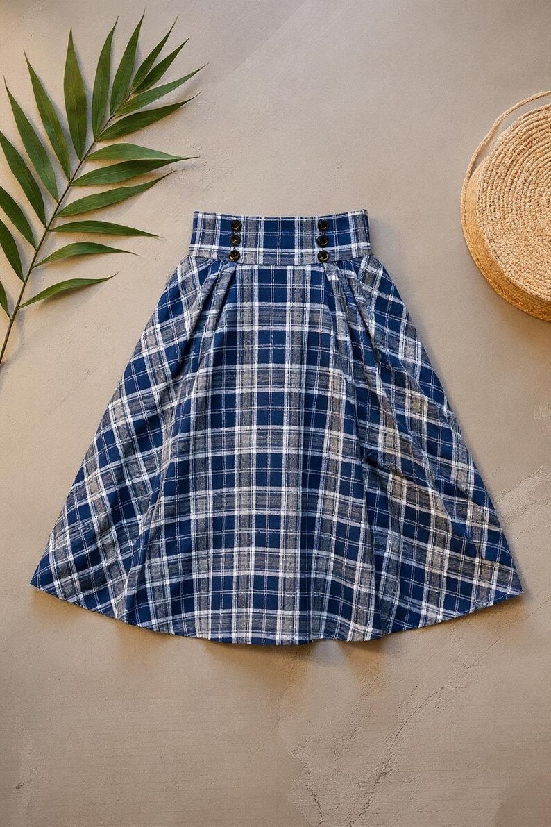 Handmade Plaid Midi Skirt: High Waisted Button Waist Cottagecore Skirt