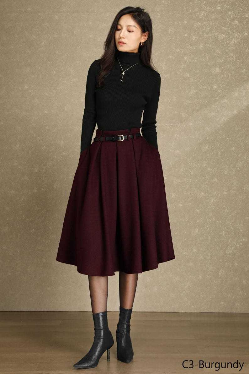 Wool skirt, Midi wool skirt womens, Winter wool skirt, Swing skirt, High waist skirt, Skirt with pockets, Custom skirt, Ylistyle C4486