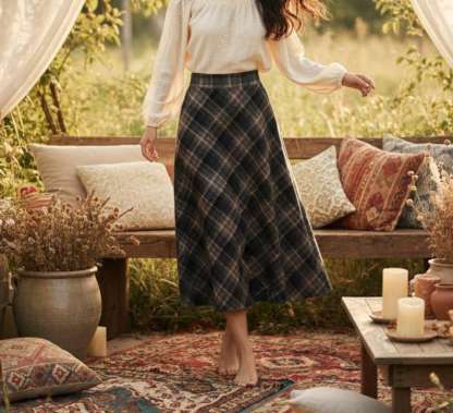 Vintage Plaid Wool Midi Skirt, High Waist A-Line Checkered Skirt, Autumn Winter Cottagecore Skirt, Retro Long Skirt for Women