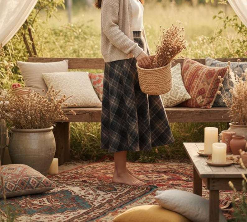 Vintage Plaid Wool Midi Skirt, High Waist A-Line Checkered Skirt, Autumn Winter Cottagecore Skirt, Retro Long Skirt for Women