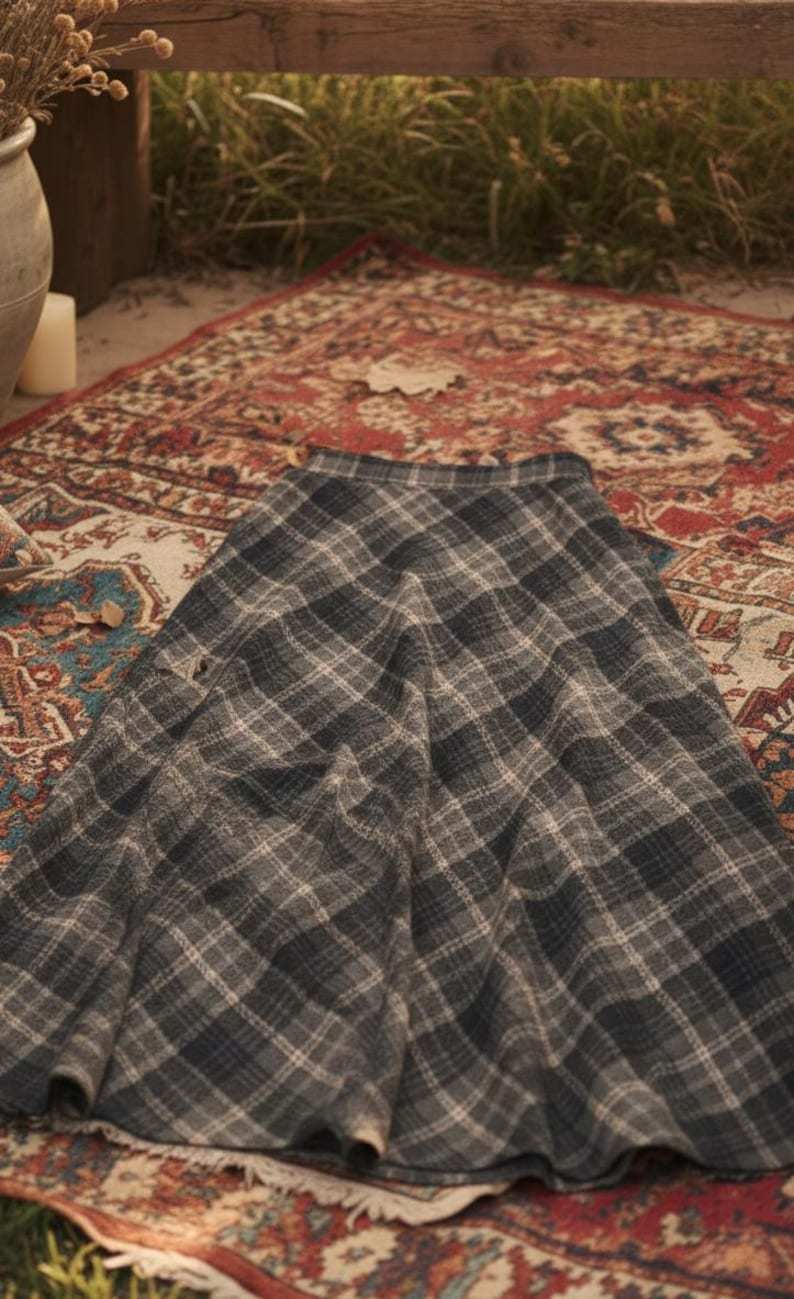 Vintage Plaid Wool Midi Skirt, High Waist A-Line Checkered Skirt, Autumn Winter Cottagecore Skirt, Retro Long Skirt for Women