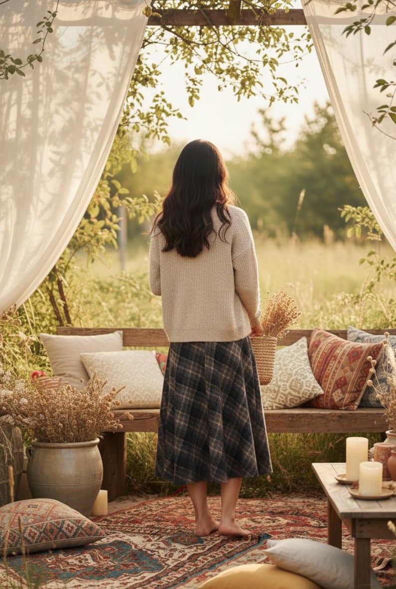 Vintage Plaid Wool Midi Skirt, High Waist A-Line Checkered Skirt, Autumn Winter Cottagecore Skirt, Retro Long Skirt for Women