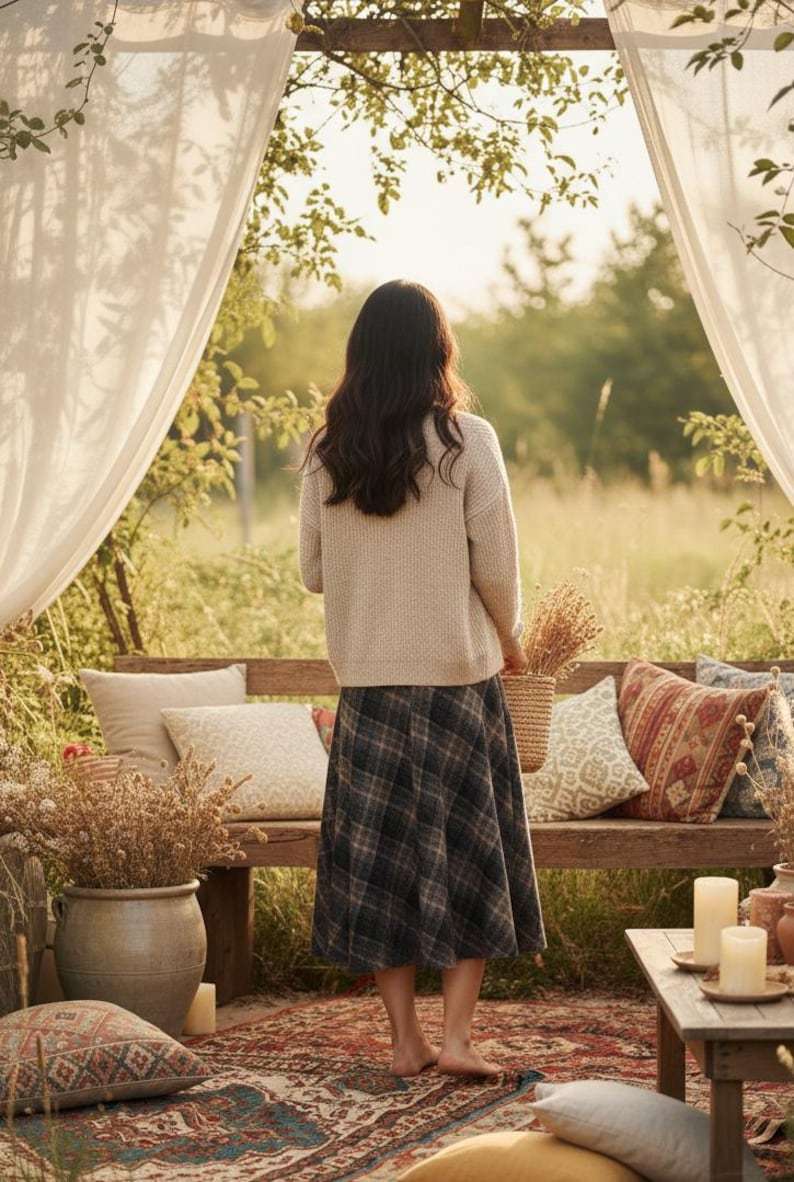 Vintage Plaid Wool Midi Skirt, High Waist A-Line Checkered Skirt, Autumn Winter Cottagecore Skirt, Retro Long Skirt for Women