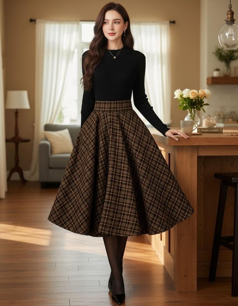 Plaid Wool Midi Skirt for Women, Elegant Checkered Skirt, Classic Fall Winter Vintage Outfit