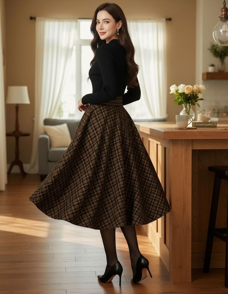 Plaid Wool Midi Skirt for Women, Elegant Checkered Skirt, Classic Fall Winter Vintage Outfit