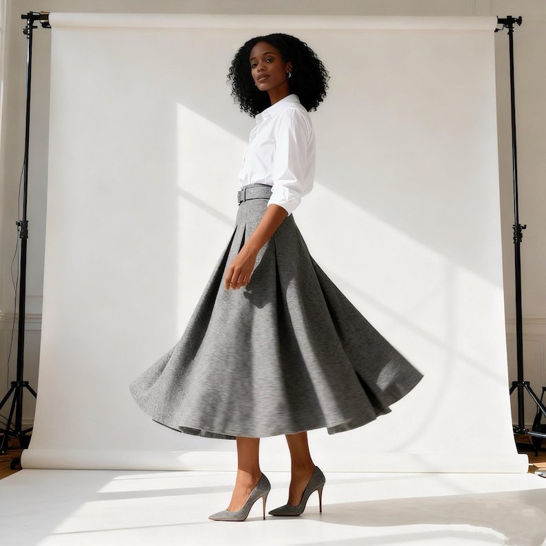 Gray Wool Blend Pleated Full Skirt, Elegant Winter A-Line Midi Skirt For Women, High Waist Classic Style