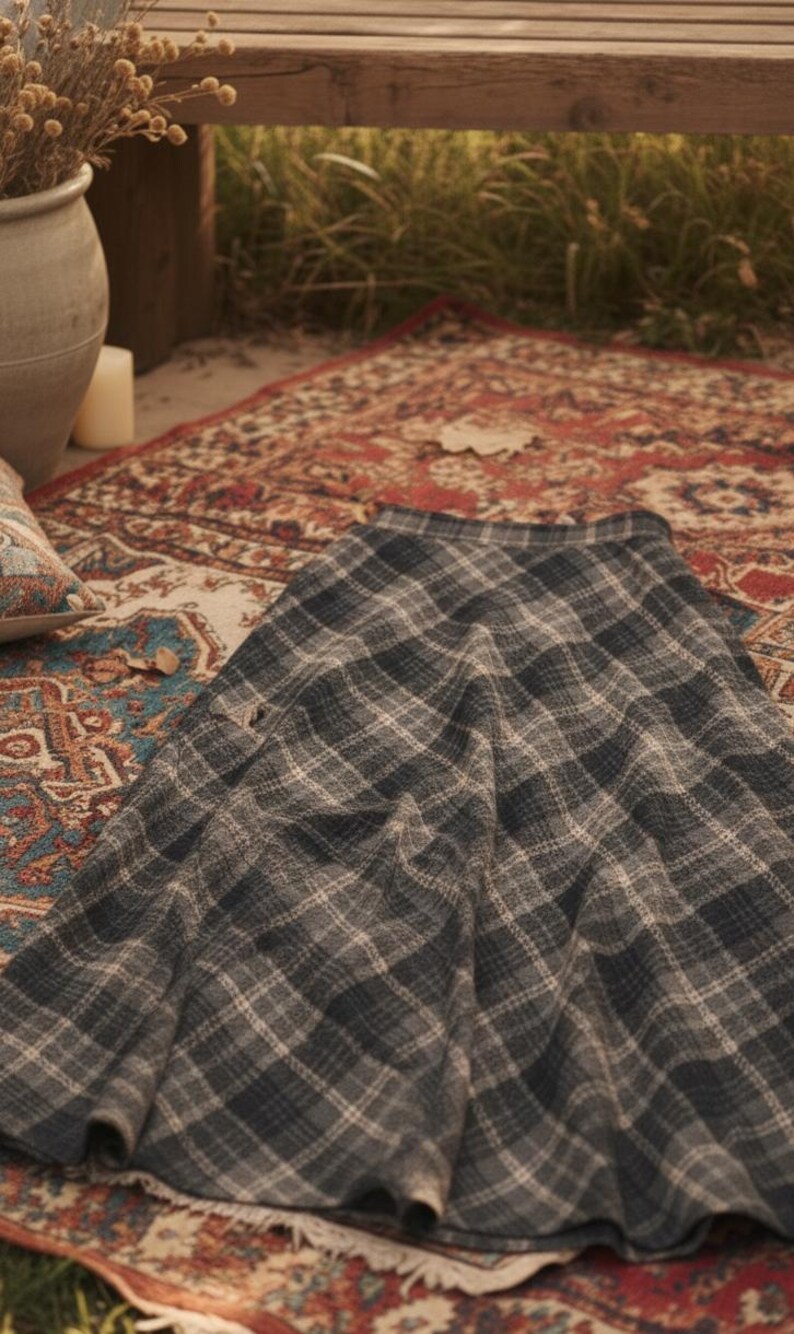 Vintage Plaid Wool Midi Skirt, High Waist A-Line Checkered Skirt, Autumn Winter Cottagecore Skirt, Retro Long Skirt for Women