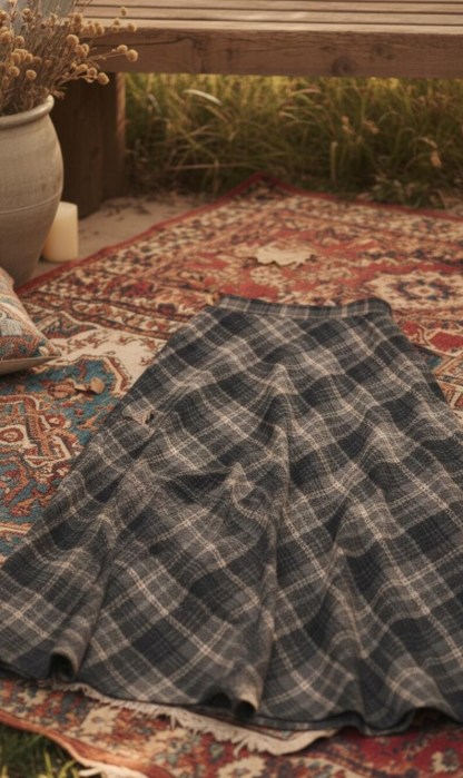 Vintage Plaid Wool Midi Skirt, High Waist A-Line Checkered Skirt, Autumn Winter Cottagecore Skirt, Retro Long Skirt for Women