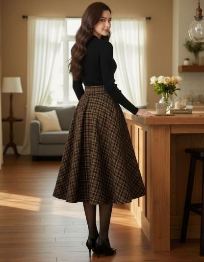 Plaid Wool Midi Skirt for Women, Elegant Checkered Skirt, Classic Fall Winter Vintage Outfit