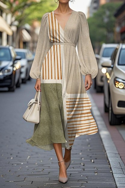 Elegant Geometric Print Lantern Sleeve V-Neck A-Line Midi Chiffon Dress