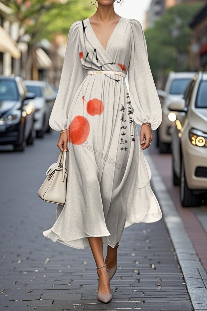 Elegant Art Print Lantern Sleeve V-Neck A-Line Midi Chiffon Dress