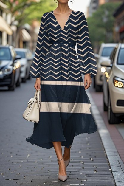 Elegant Abstract Wave Print Lantern Sleeve V-Neck Midi Chiffon Dress