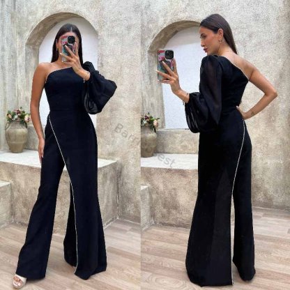 Fashion Diary Asymmetrical Design Diamond Trim One Shoulder Party Jumpsuit