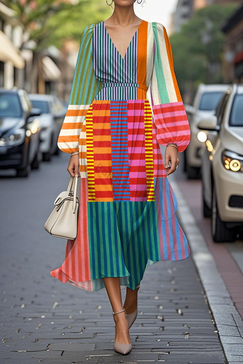 Elegant Geometric Print Lantern Sleeve V-Neck A-Line Midi Chiffon Dress