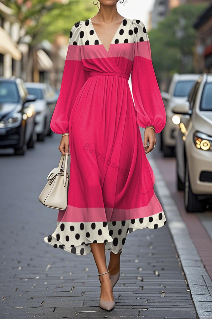 Elegant Abstract Polka Dot Print Lantern Sleeve V-Neck Midi Chiffon Dress