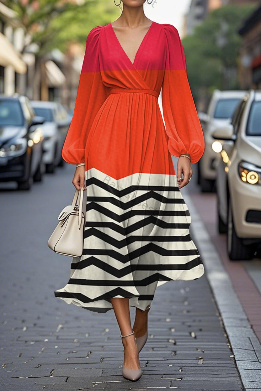 Elegant Abstract Geometric Print Lantern Sleeve V-Neck Midi Chiffon Dress