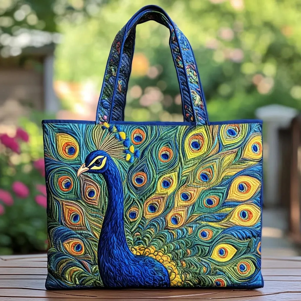 Royal Peacock Quilted Tote Bag