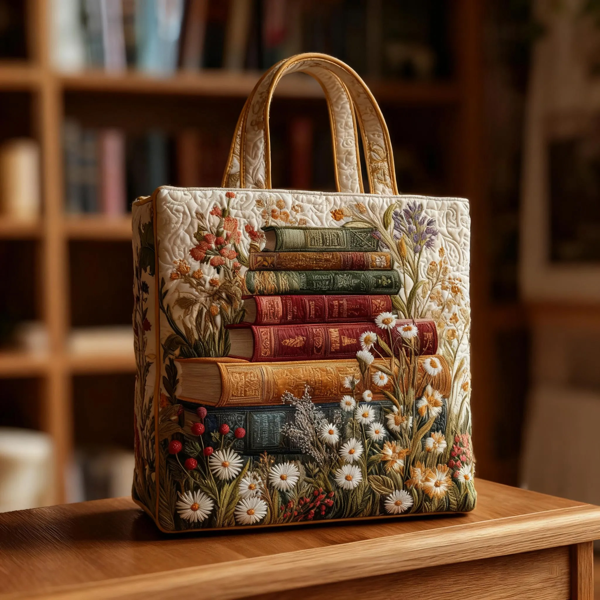 Artistic Book Scroll Floral Quilted Tote Bag