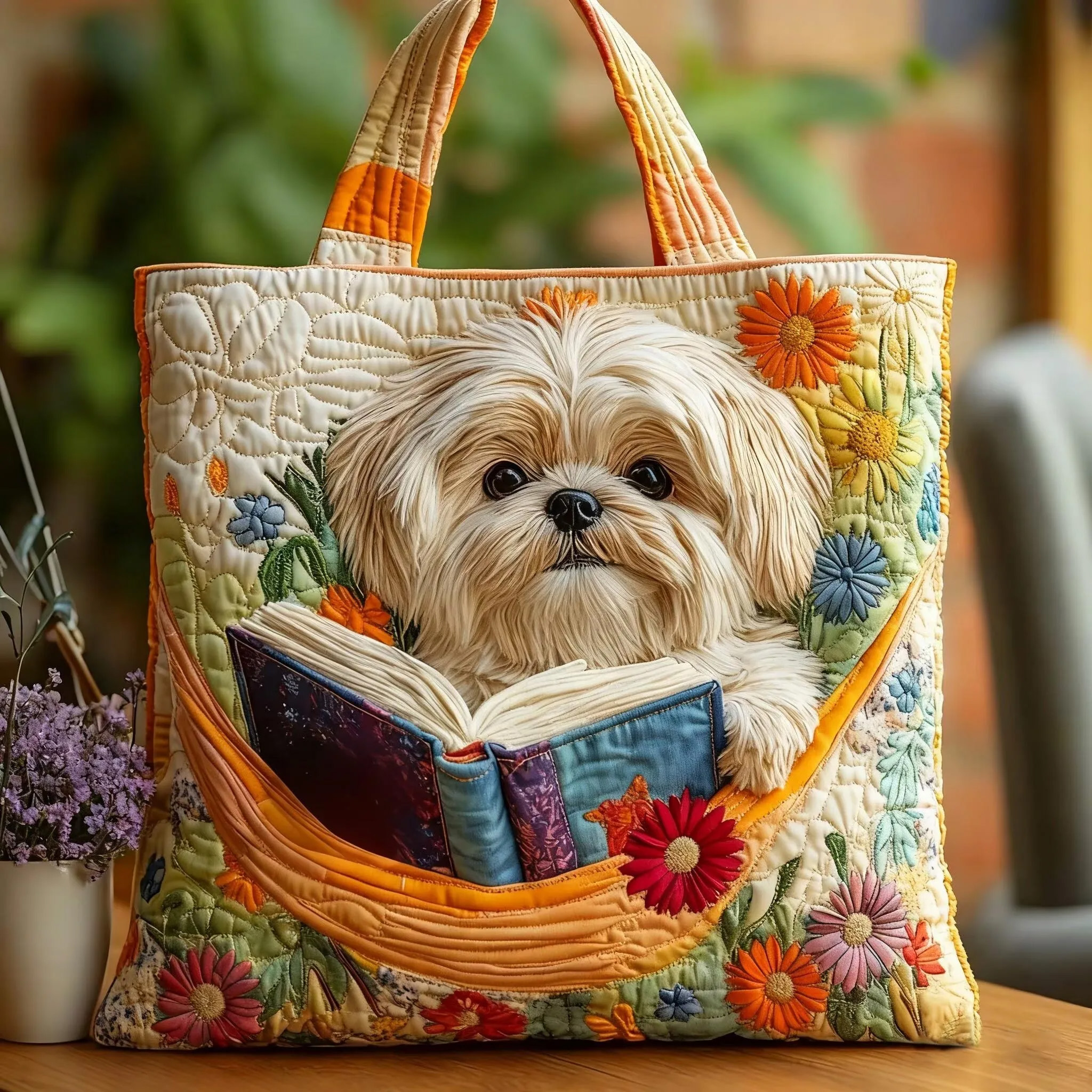 Book Shih Tzu Quilted Tote Bag