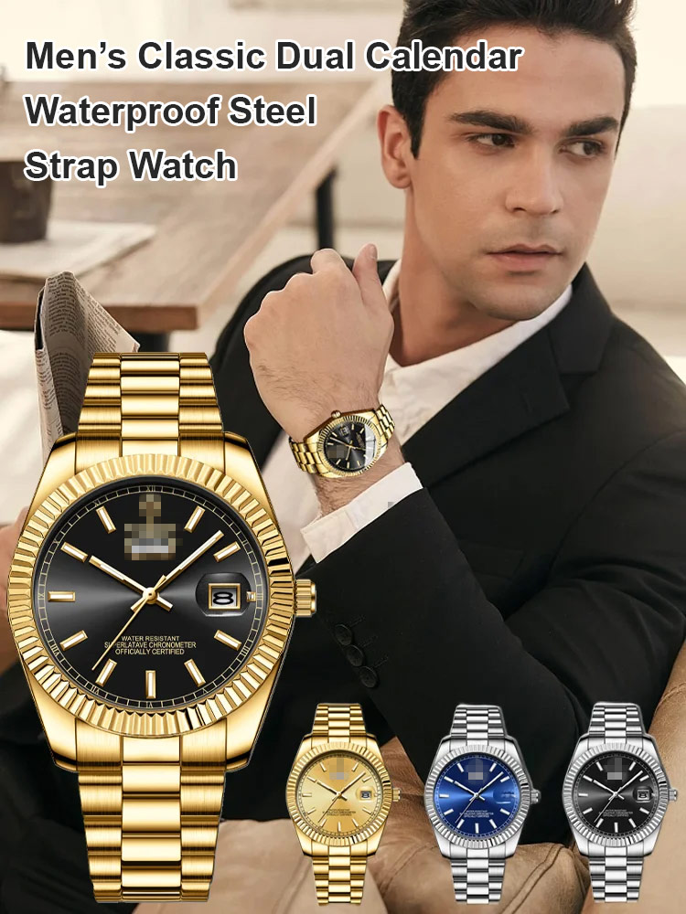 Men's Classic Dual Calendar Waterproof Steel Strap Watch