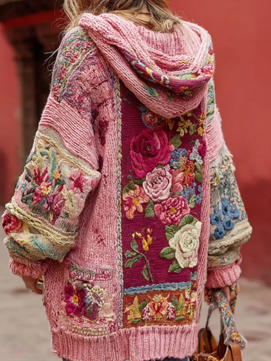 Women's Breast Cancer Awareness Floral Button Cardigan Hooded Sweater