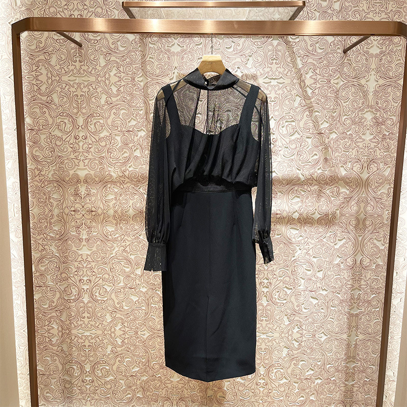 Mesh-collared, high-waisted, patchwork dress