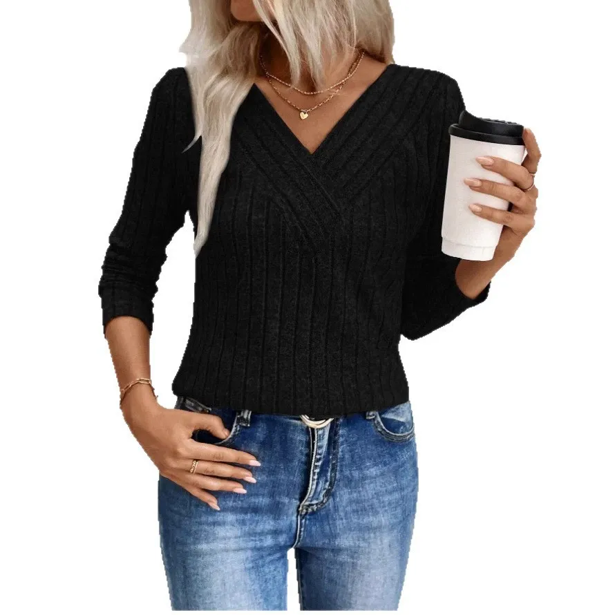 Autumn/Winter V-neck Ribbed Casual Slim Fit Long-Sleeve T-Shirt