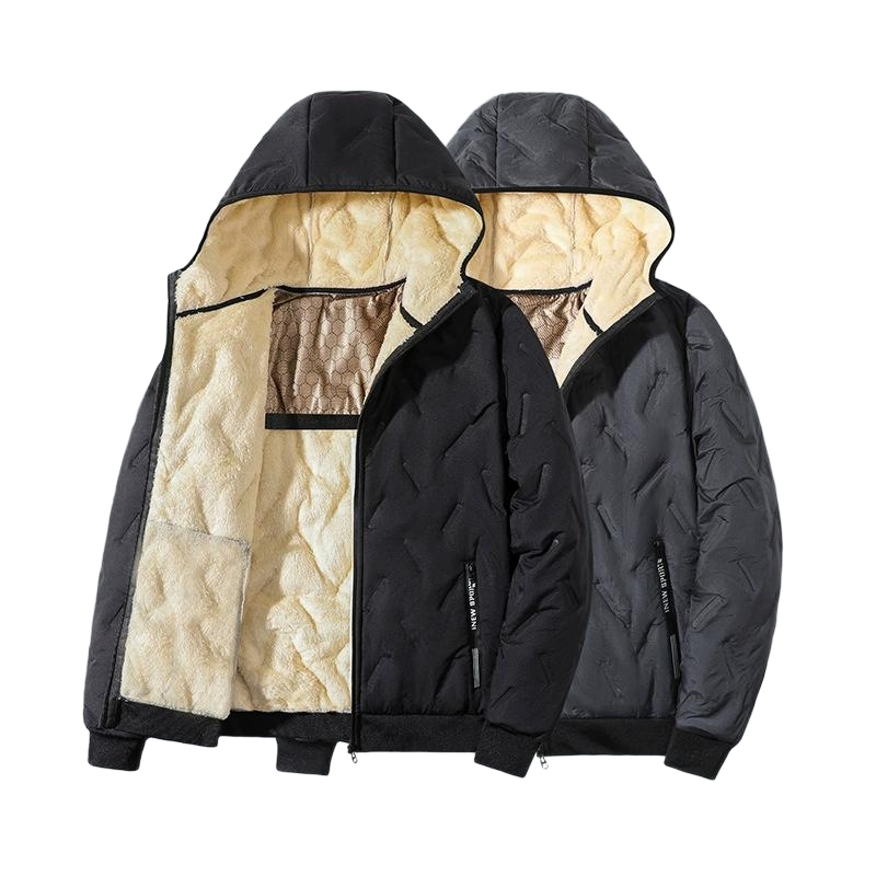 Men's hooded cotton-padded jacket with fleece lining, men's winter fleece-lined coat