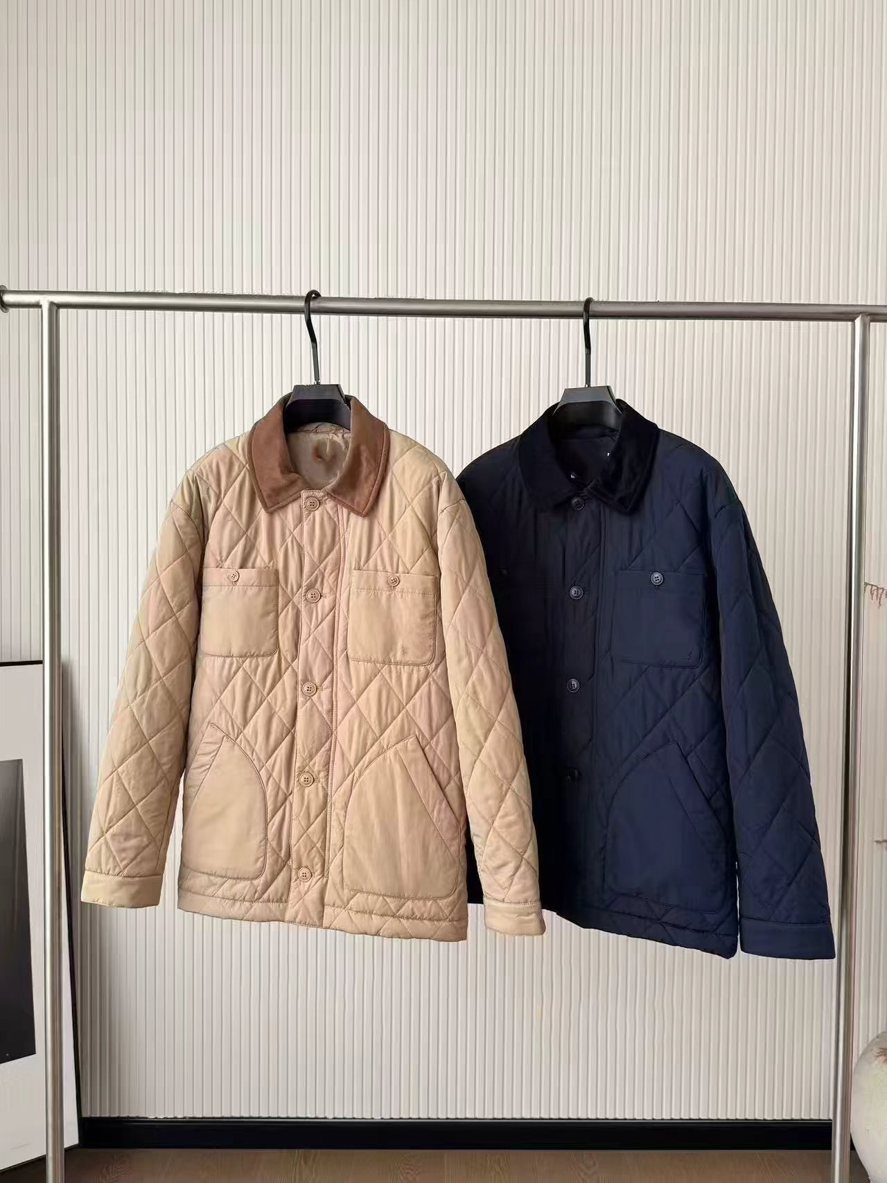 Wool blend plain weave mid-length down jacket