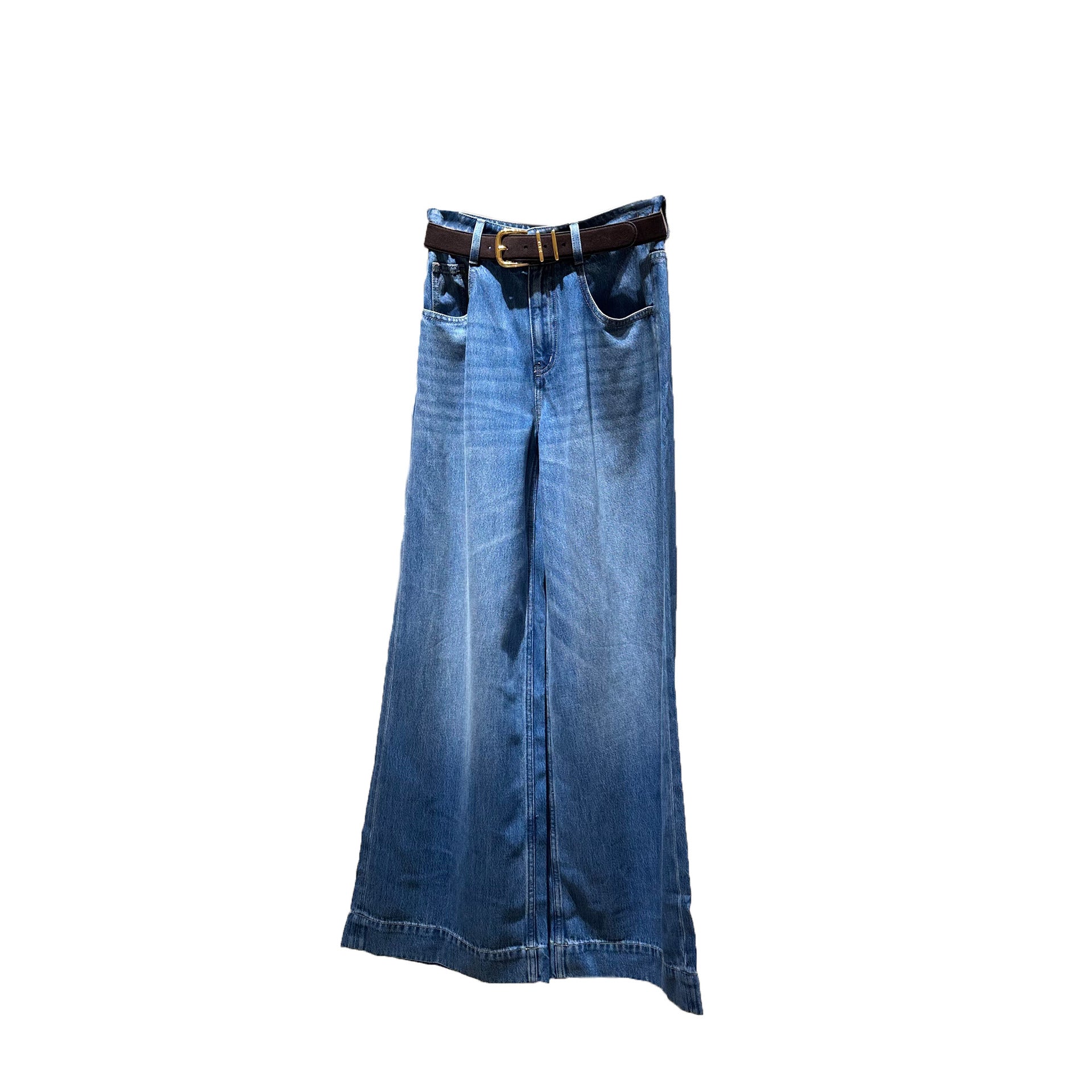 Blue high-waisted, relaxed-fit, wide-leg denim jeans