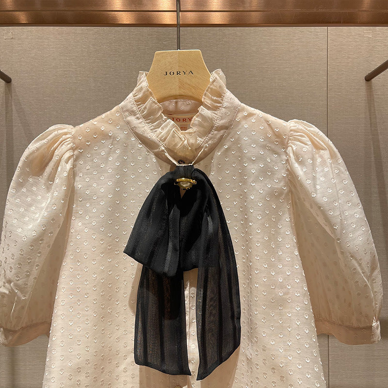 Stand-collar, bow-tie, polka-dot, puff-sleeved, single-breasted, lightweight shirt