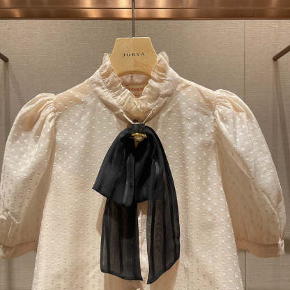 Stand-collar, bow-tie, polka-dot, puff-sleeved, single-breasted, lightweight shirt